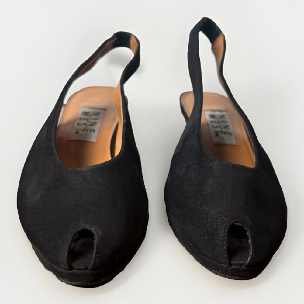 (8)NINE WEST "IDA" Tiny Peep Toe Slingback Black Suede Wedge Heels - Picture 9 of 10
